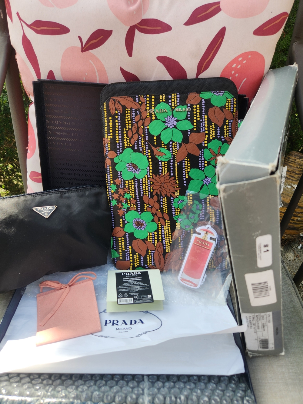 Prada Authentic Pouch & Floral Print Tablet Sleeve W Charms Bundle NIB